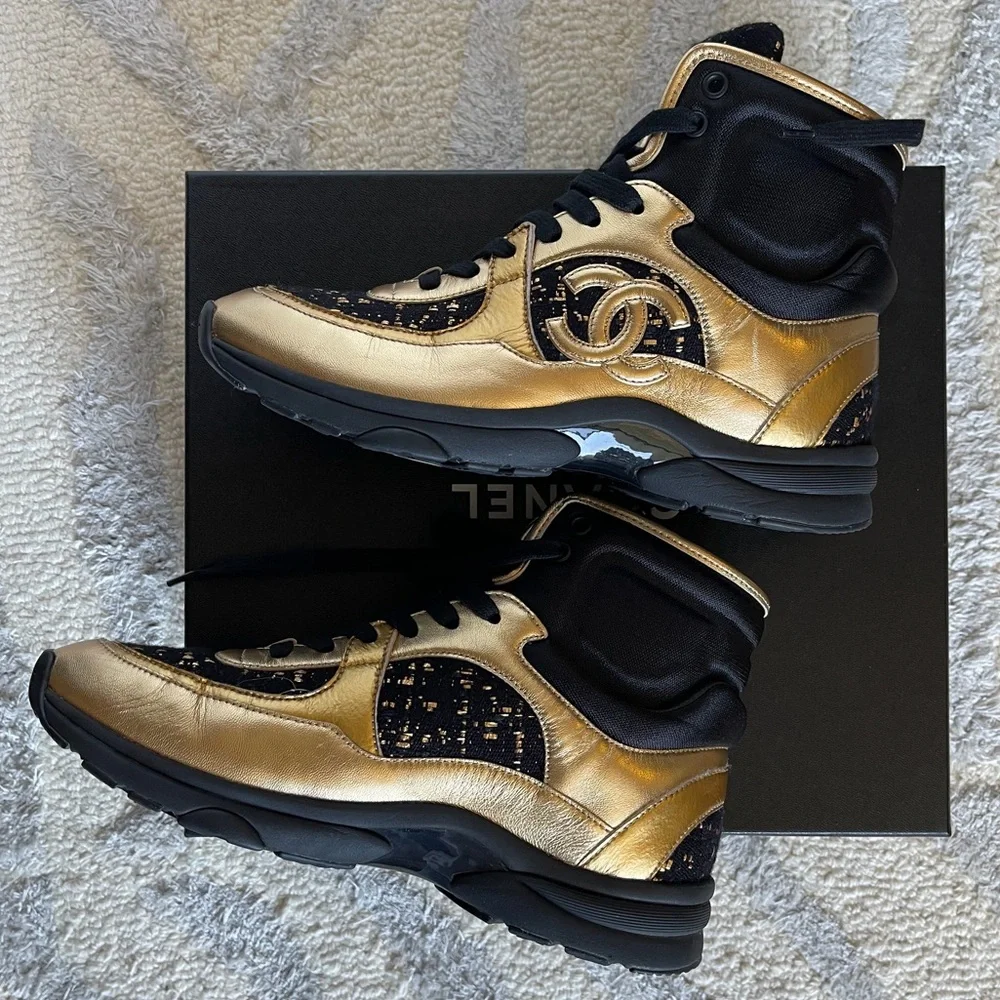 Chanel High Top Sneakers 19A Metiers d'Art Gold Metallic & Black Tweed SZ 39